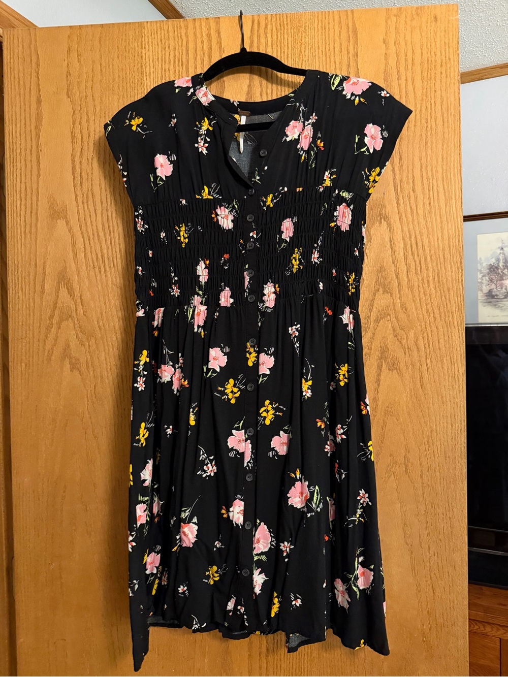 Free People Black Floral Button-Front Short Sleeve Dress - Pink & Yellow Flowers